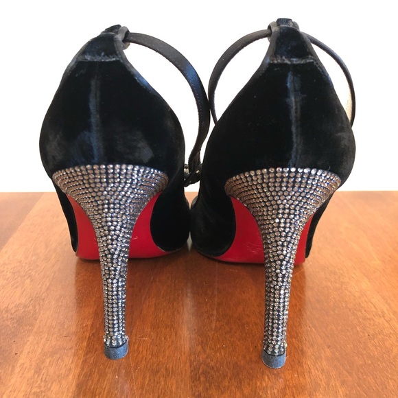 Christian Louboutin Shoes - CHRISTIAN LOUBOUTIN | Black velvet closed round toe ankle strap rinestone shoe